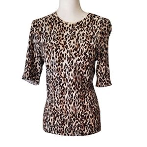White House Black Market Leopard Elbow Length Sleeve Crew Neck Knit Top Size M